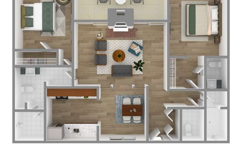 2 Bed 2 Bath - 2 bedroom floorplan layout with 2 bathrooms and 1115 square feet