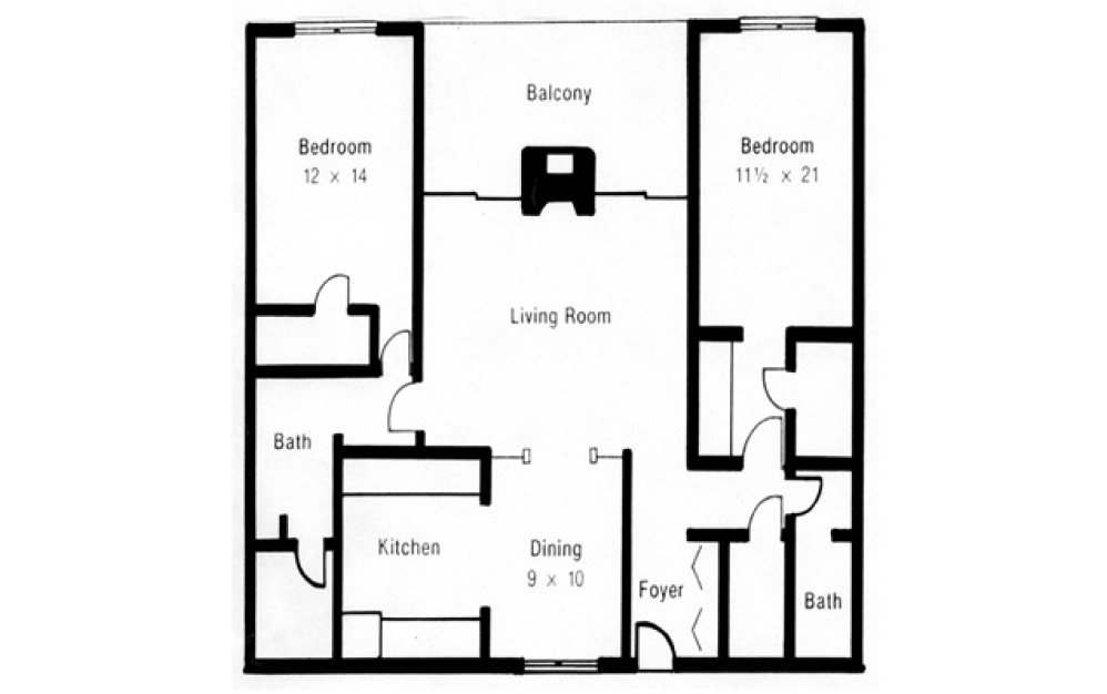 2 Bed 2 Bath - 2 bedroom floorplan layout with 2 baths and 1115 square feet.